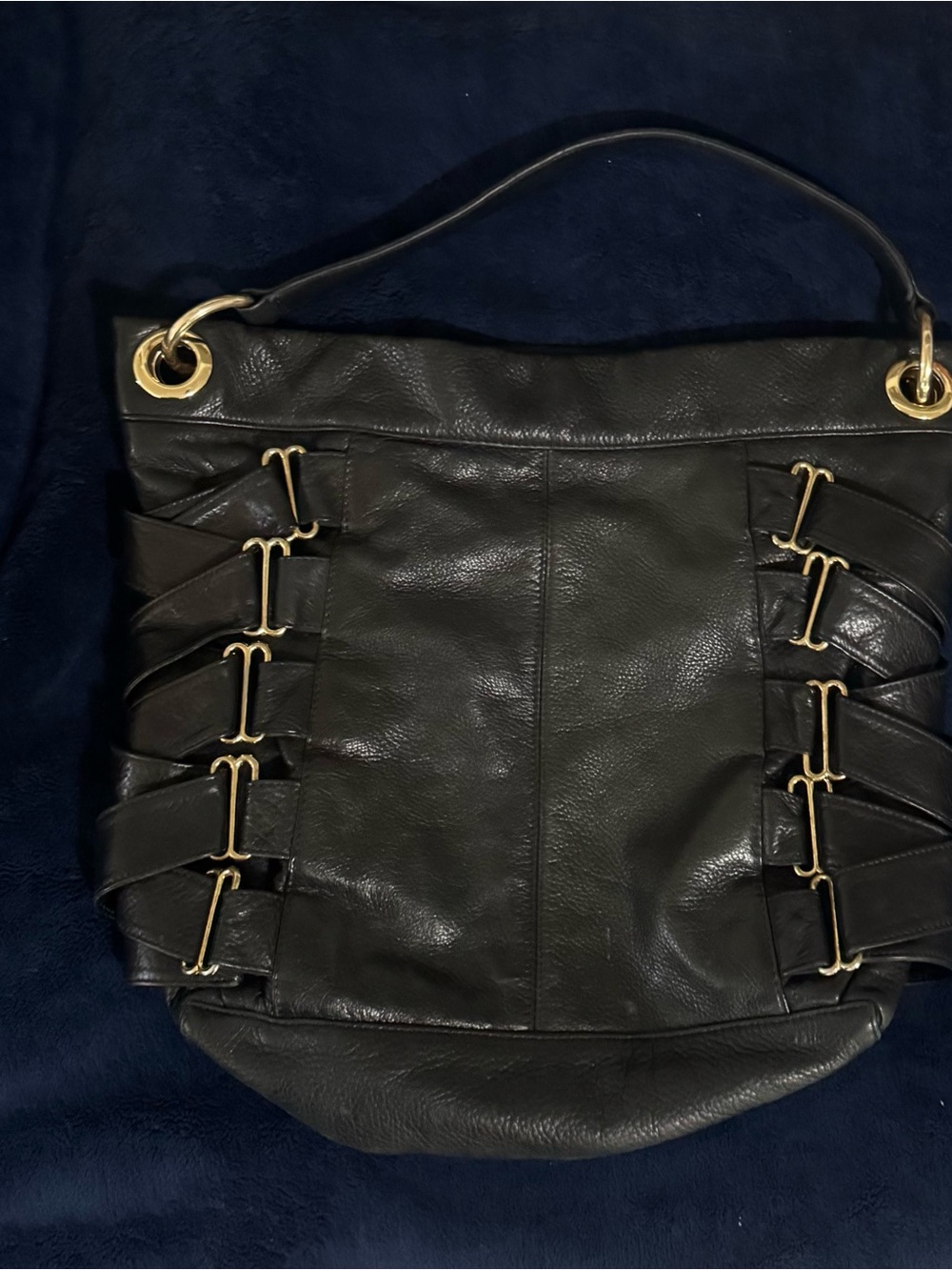 Follis Black Leather Hobo Bag with Gold Hardware - Classic Women's Tote